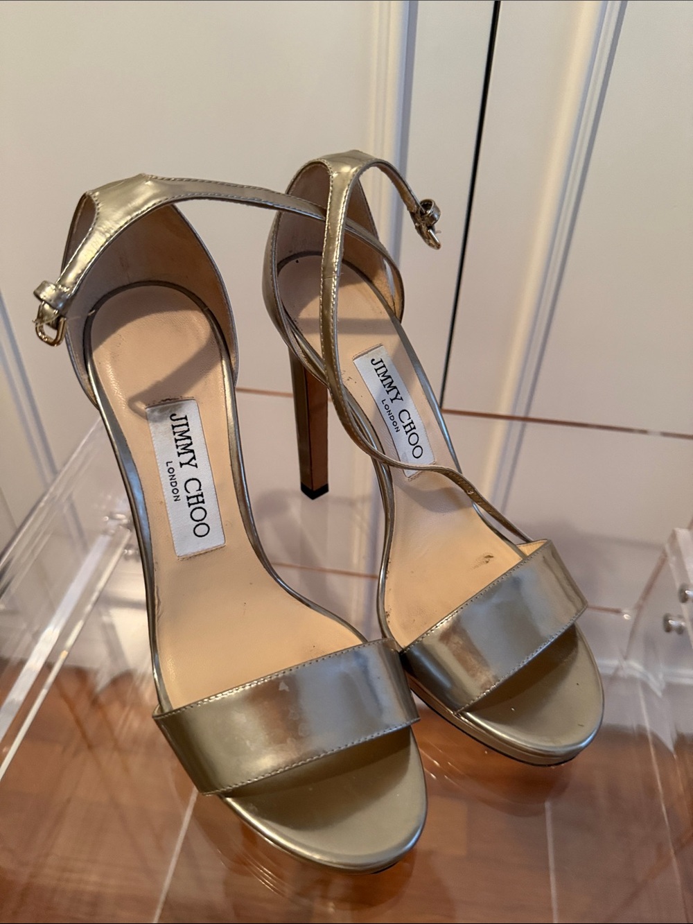 Jimmy Choo Gold Metallic Strappy High Heel Sandals